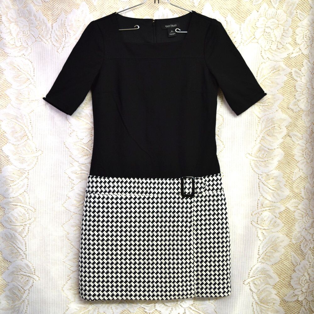 White House Black Market Sz 0 Retro Mod Drop Waist Houndstooth Dress Academia